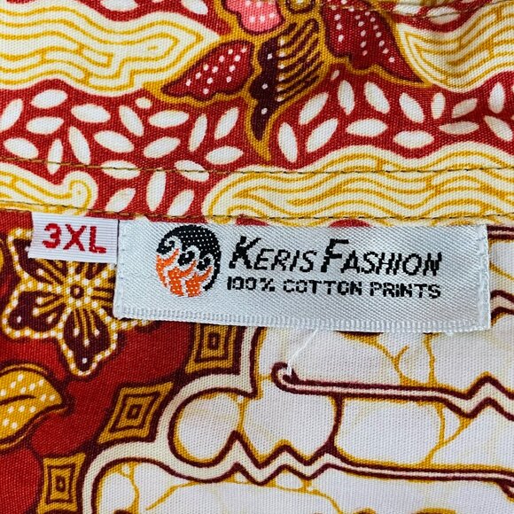 Vtg Keris Fashion Batik Print Shirt Sz 3XL Red Yellow Floral Boho Artsy Tropical - Picture 6 of 6